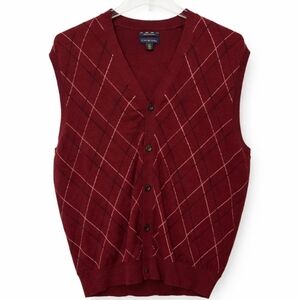 Charter Club Burgundy 100% Merino Wool Argyle Mens Button Up Sweater Vest Sz XL